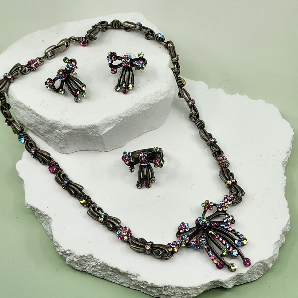 SKY Multicolor Rhinestone Necklace Earring Ring Set Antique Silver Tone Gift